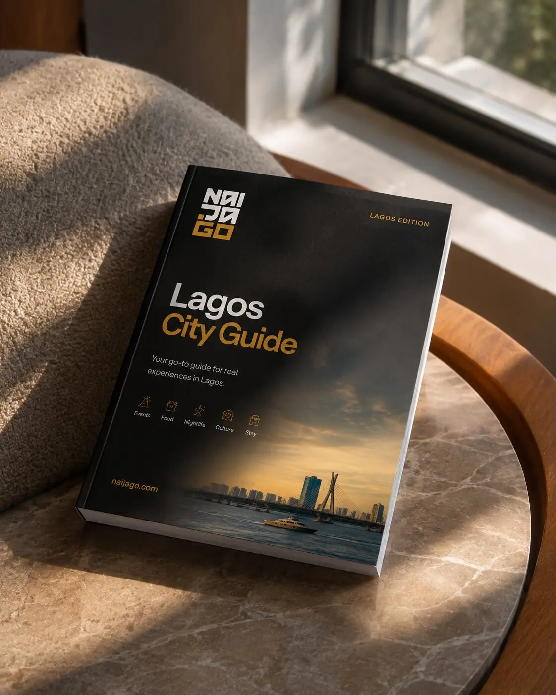 NaijaGo field guide beside a Lagos scene